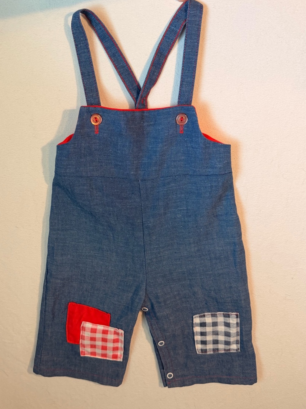 Vintage Blue Soft Denim-Style Kids Overalls with Red Patch Details